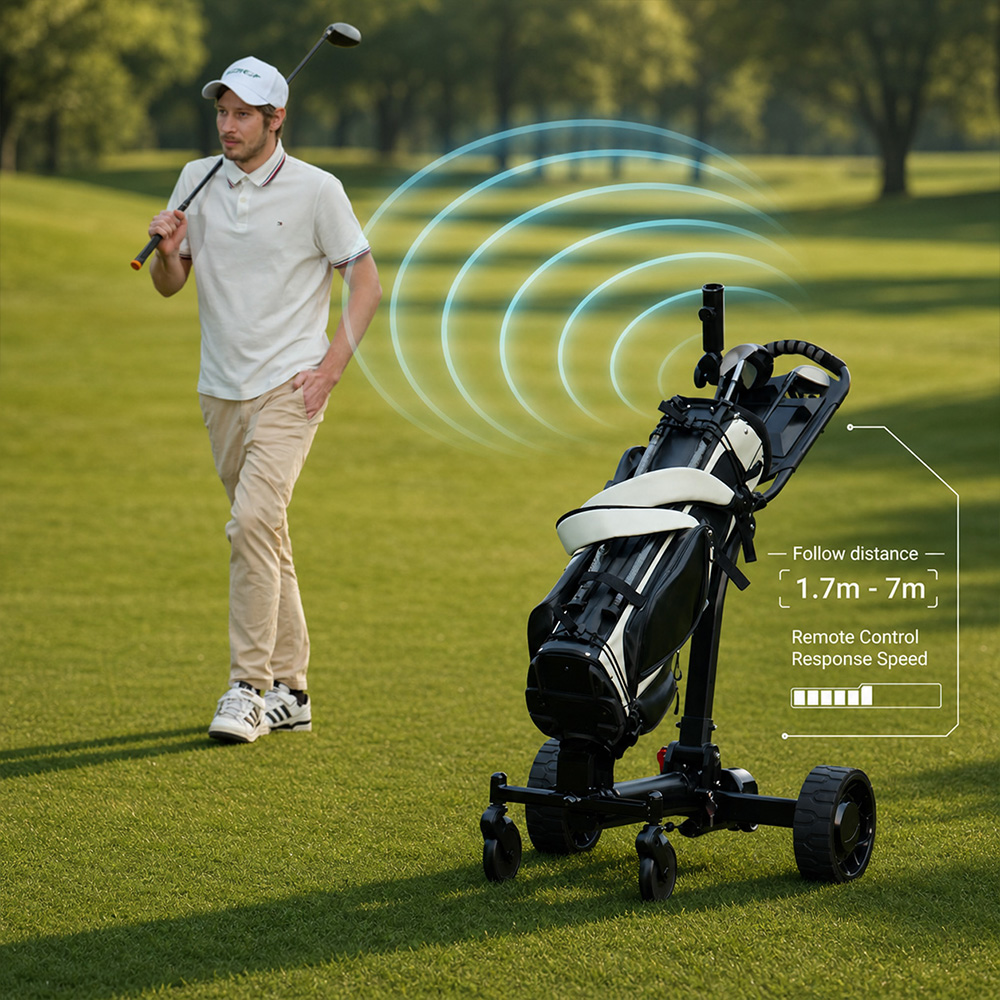 Eswing 2026 New Design Smart Auto Follow Me Electric Golf Trolley with Remote Control Lithium Battery Foldable Golf Caddy Cart