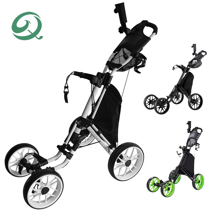 Factory Custom Your Logo Aluminum Folding Golf Trolley 4 Wheels Golf Push Pull Cart Compact Walking Golf Bag Cart with One-Click