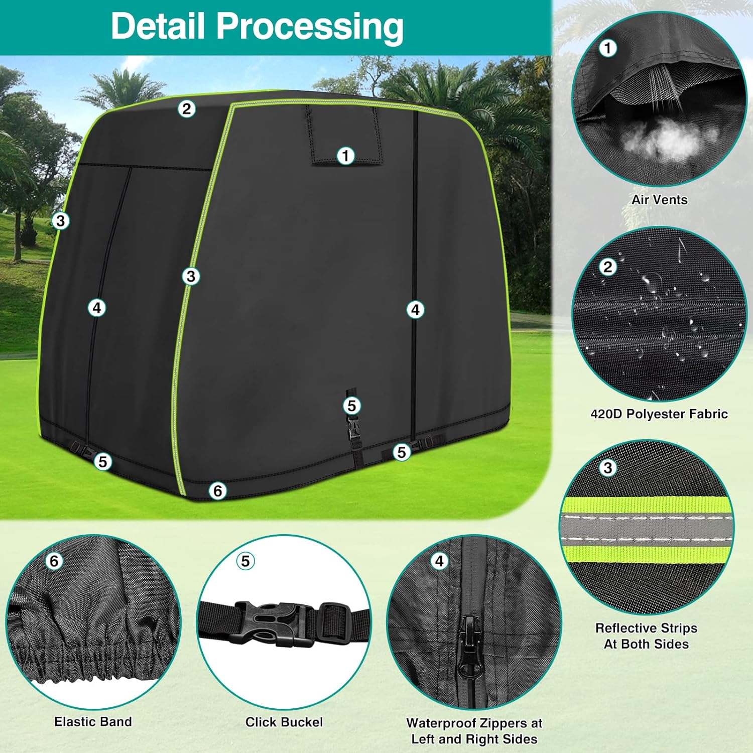 Custom Size Golf Cart Accessories Waterproof Polyester Oxford Zipper and Reflective Design Golf Cart Rain Cover