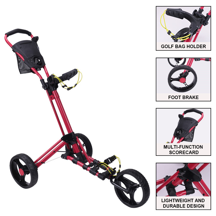 Custom Aluminum 4 Wheels Lightweight Foldable Golf Push Cart with Umbrella Stand for Outdoor Golf Play