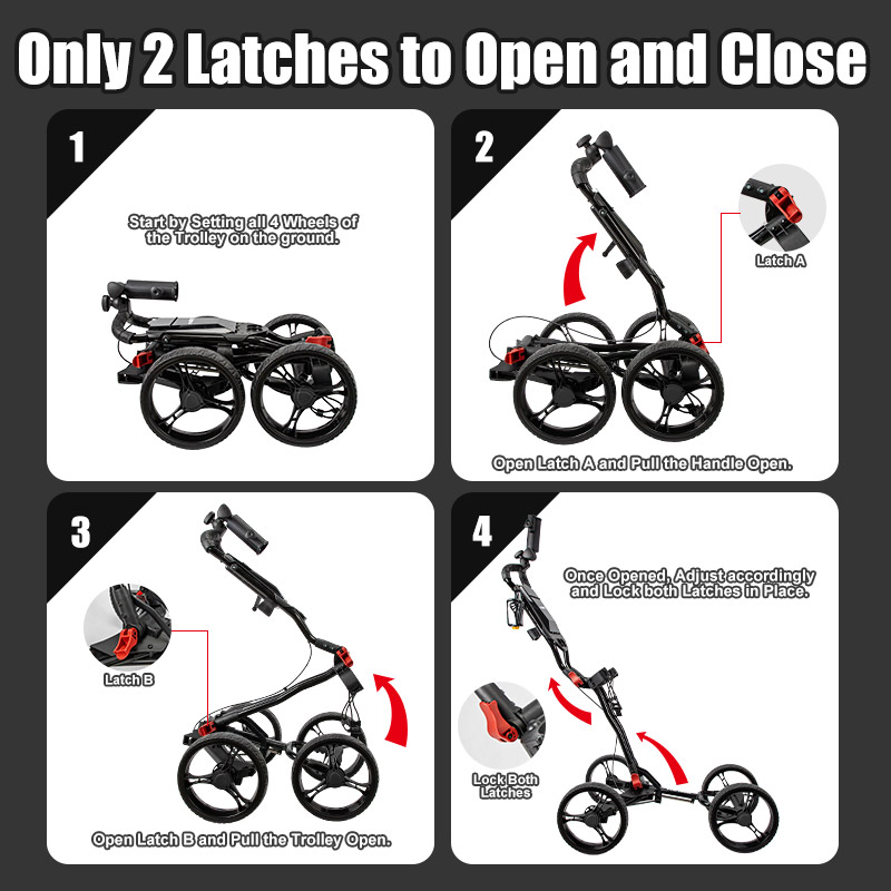 Light Weight Folding Golf Trolley 4 Wheel Golf Push Cart with Umbrella Holder and Drink Holder