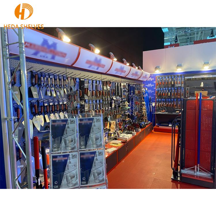 Wholesales Hardware Pegboard Metal Floor Rack Hanging Hooks Shelf Tools Shop Exhibition Product Display Stand