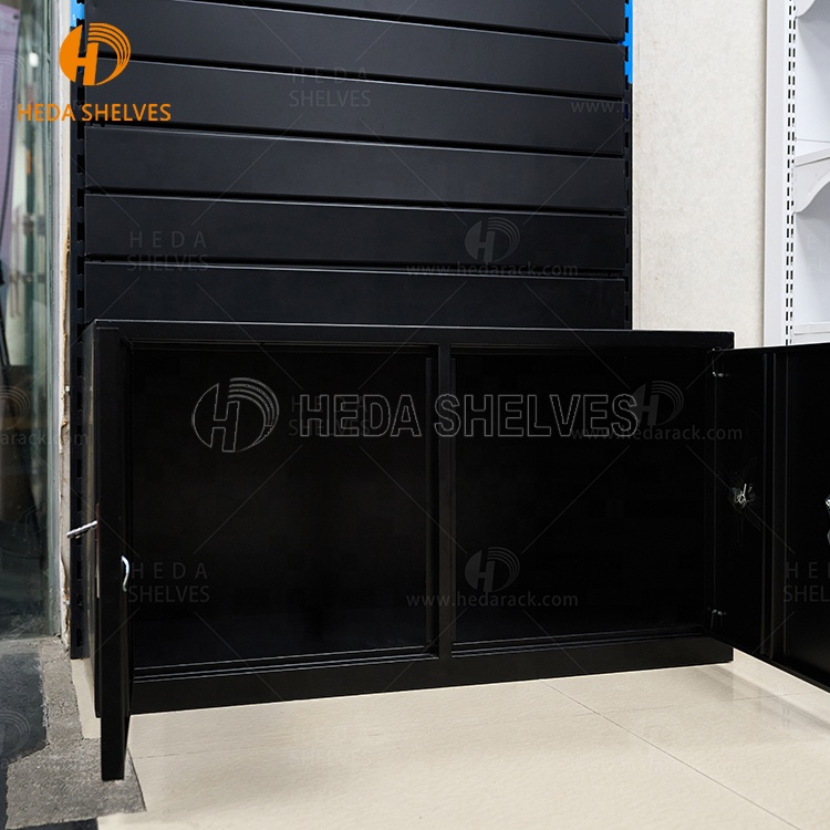 Factory Wholesale H-Shape Slatwall Tower Multifunctional Display Stand Made of Wood MDF Aluminium with Storage Cabinet