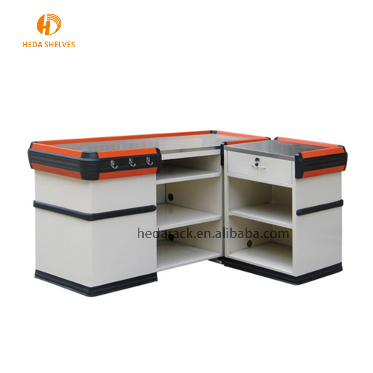 Supermarket Design Retail Cash Register Table Checkout Counter Cashier Desk With Conveyor Belt for Sale