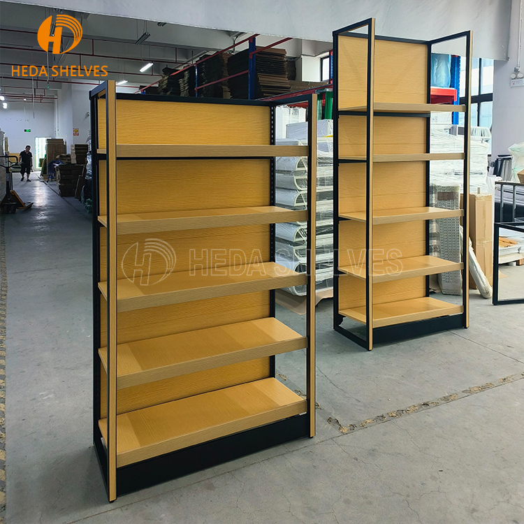 Custom Shop Supermarket Metal Wooden Grain Display Stand Gondola Shelving Single-sided Supermarket Shelves Super Market Racks