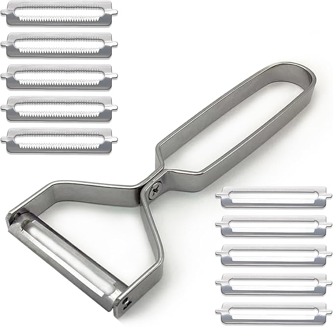 Metal Potato Peeler with 10PCS Replaceable Peeler Blades, Detachable Y Shaped Veggie Peeler for Kitchen, Premium Stainless Steel Fruit Peeler, Ultra Sharp