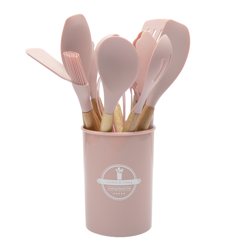 12 PCS Silicone Cooking Utensils Kitchen Utensil Set Heat Resistant, Spatula, Spoon, Brush, Wooden Handle Gadgets for Nonstick Cookware