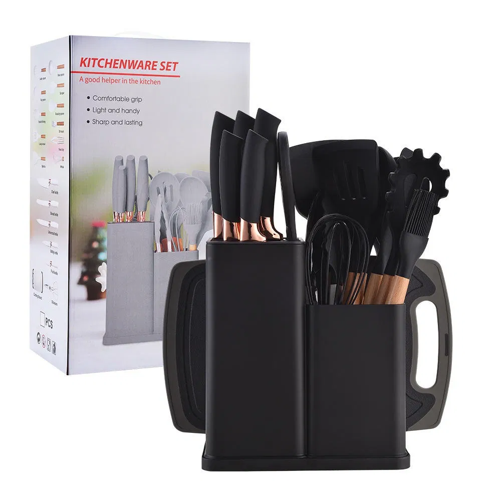19-Piece Silicone Kitchen Utensil Set with Wooden Handle and Knife