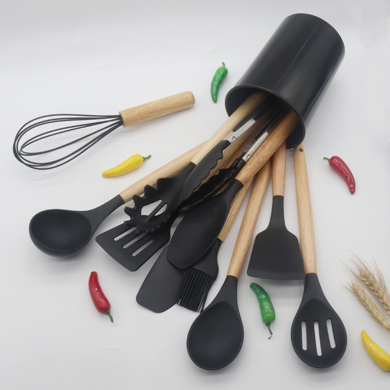12 PCS Silicone Cooking Utensils Kitchen Utensil Set Heat Resistant, Spatula, Spoon, Brush, Wooden Handle Gadgets for Nonstick Cookware