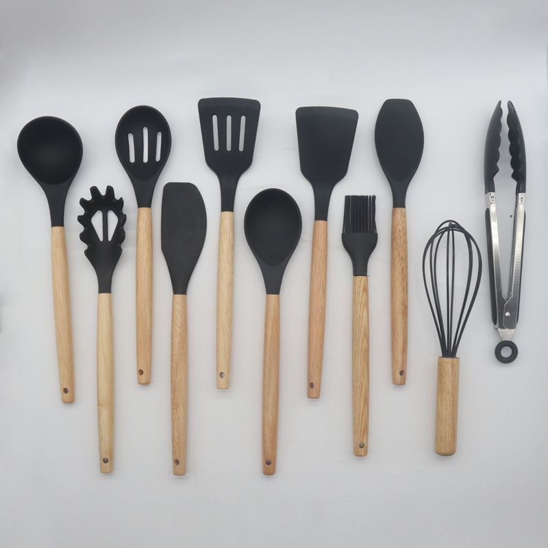 12 PCS Silicone Cooking Utensils Kitchen Utensil Set Heat Resistant, Spatula, Spoon, Brush, Wooden Handle Gadgets for Nonstick Cookware