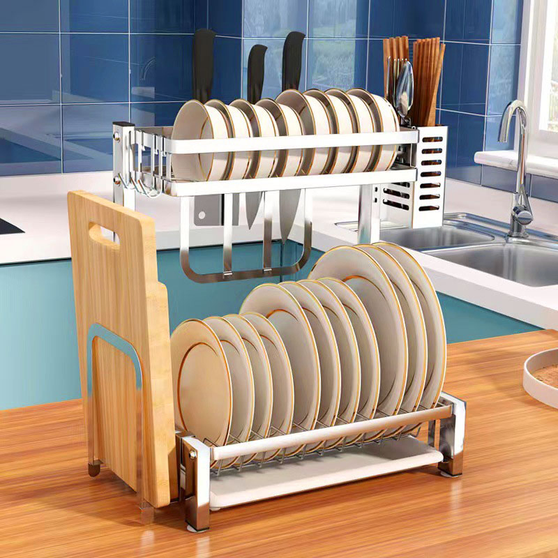 2-Tier Kitchen Dish Drying Rack, 304 Stainless Steel Counter Storage with Drain Basket, Knife &amp; Board Holder