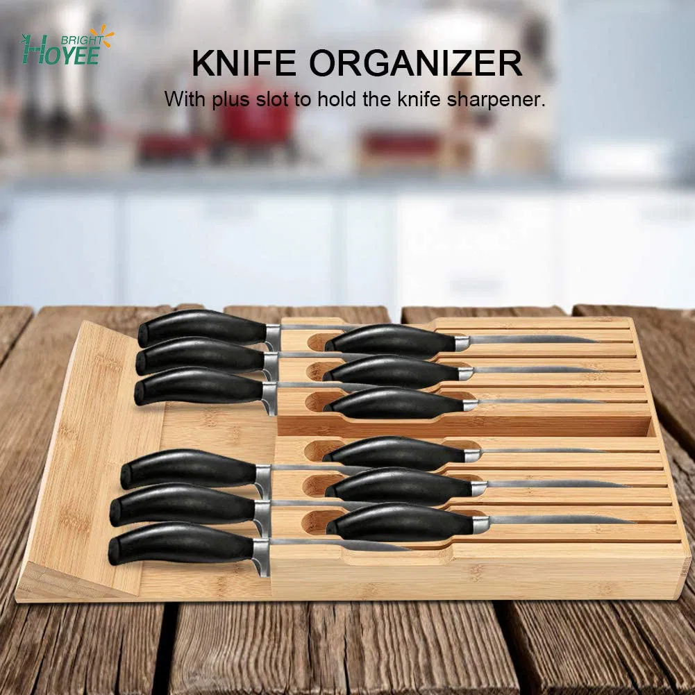 in-Drawer Bamboo Knife Block, Drawer Knife Set Storage Made From Quality Bamboo (12 Knife Organizer)