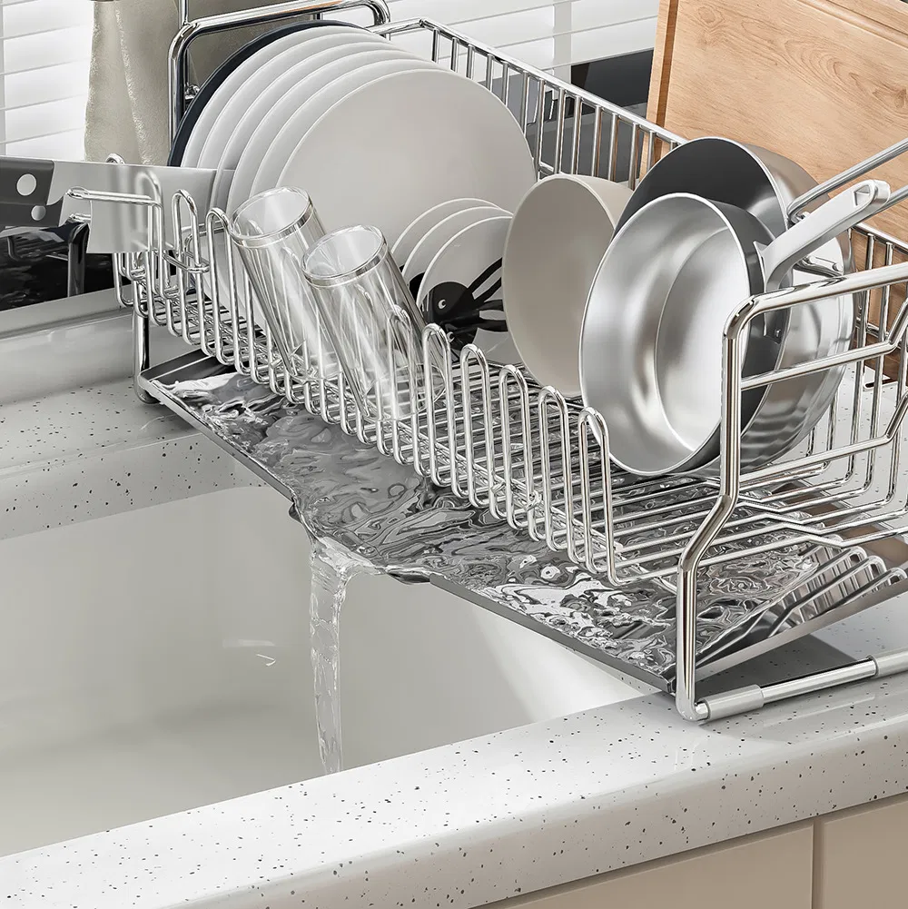 All-in-One Kitchen Dish Rack, 304 Stainless Steel, Includes Drain Tray, Utensil Caddy, Knife Slot, Cutting Board &amp; Towel Storage