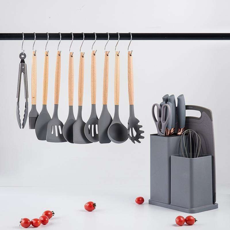 19-Piece Silicone Kitchen Utensil Set with Wooden Handle and Knife