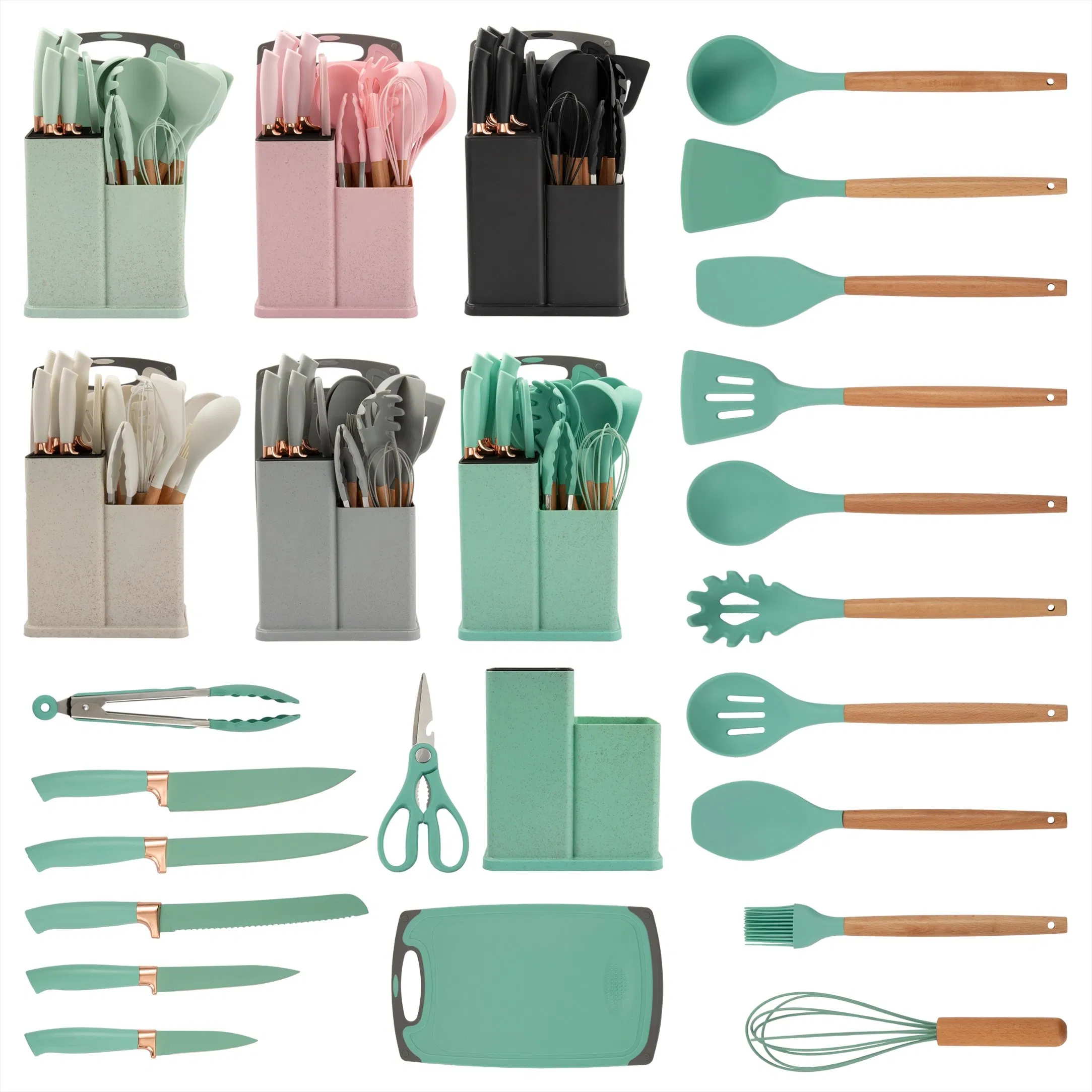 19-Piece Silicone Kitchen Utensil Set with Wooden Handle and Knife