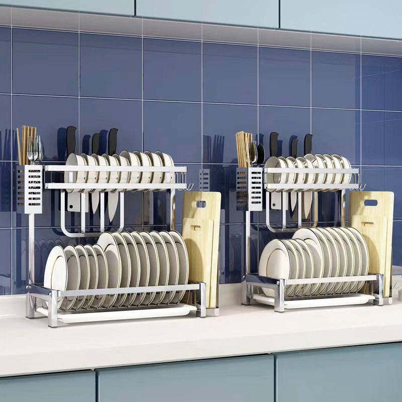 2-Tier Kitchen Dish Drying Rack, 304 Stainless Steel Counter Storage with Drain Basket, Knife &amp; Board Holder