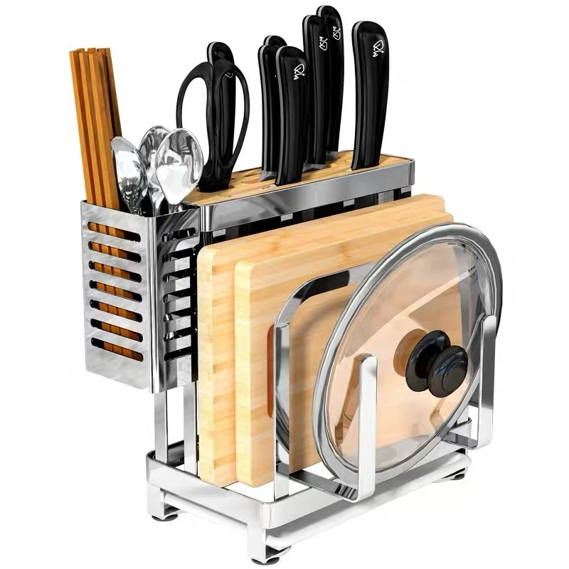 Stainless Steel Kitchen Knife Stand with Cutting Board and Pot Lid Storage