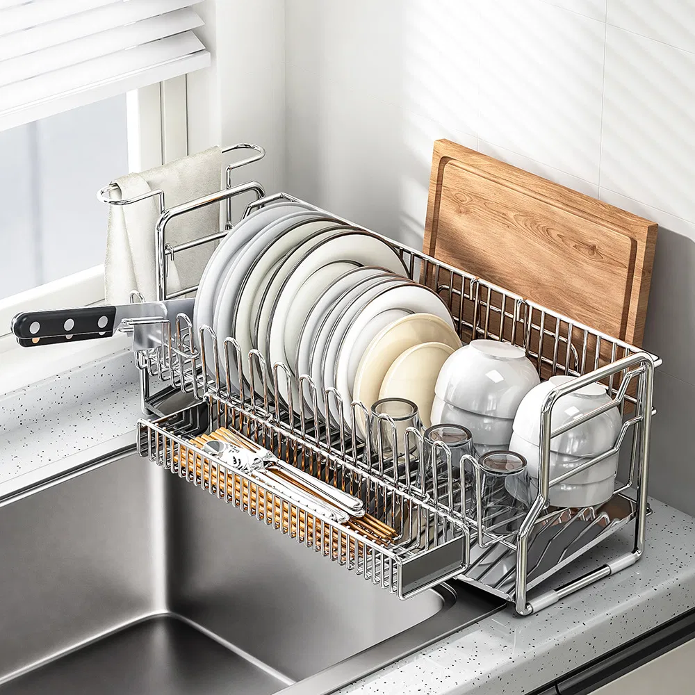 All-in-One Kitchen Dish Rack, 304 Stainless Steel, Includes Drain Tray, Utensil Caddy, Knife Slot, Cutting Board &amp; Towel Storage
