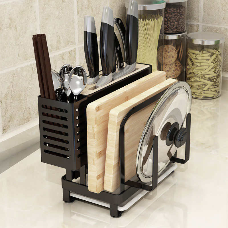 All-in-One Stainless Steel Countertop Storage Rack for Pot Lids, Knives, Cutting Boards and Chopsticks