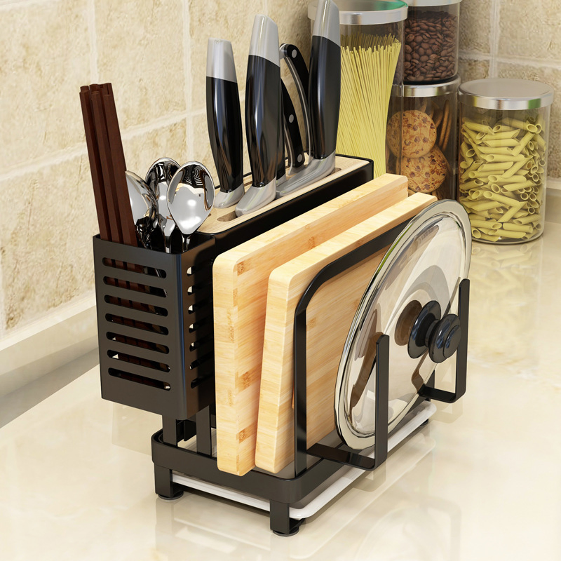 Stainless Steel Kitchen Knife Stand with Cutting Board and Pot Lid Storage