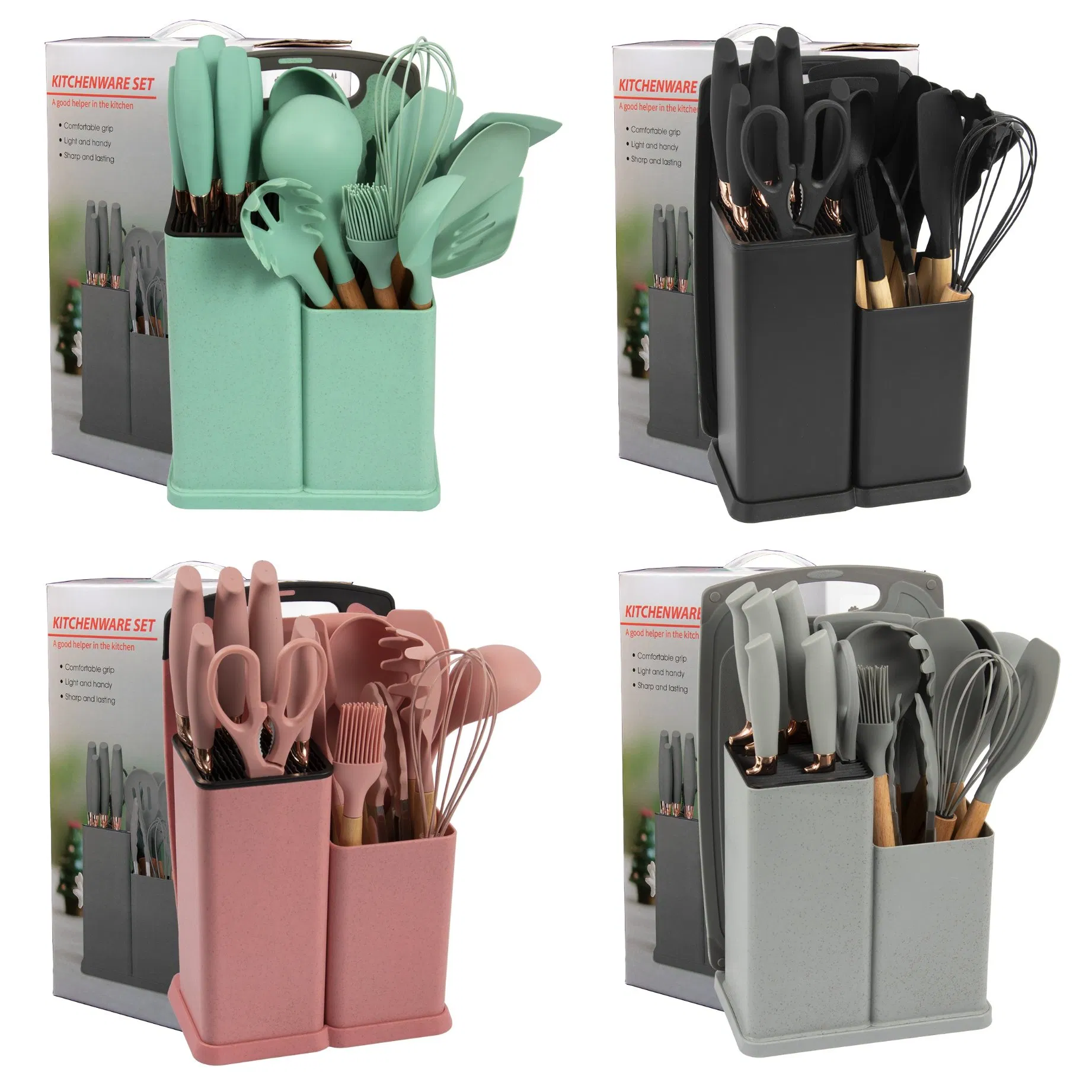 19-Piece Silicone Kitchen Utensil Set with Wooden Handle and Knife