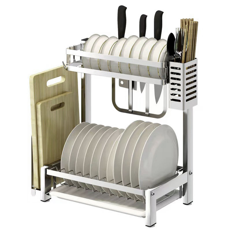 2-Tier Kitchen Dish Drying Rack, 304 Stainless Steel Counter Storage with Drain Basket, Knife &amp; Board Holder