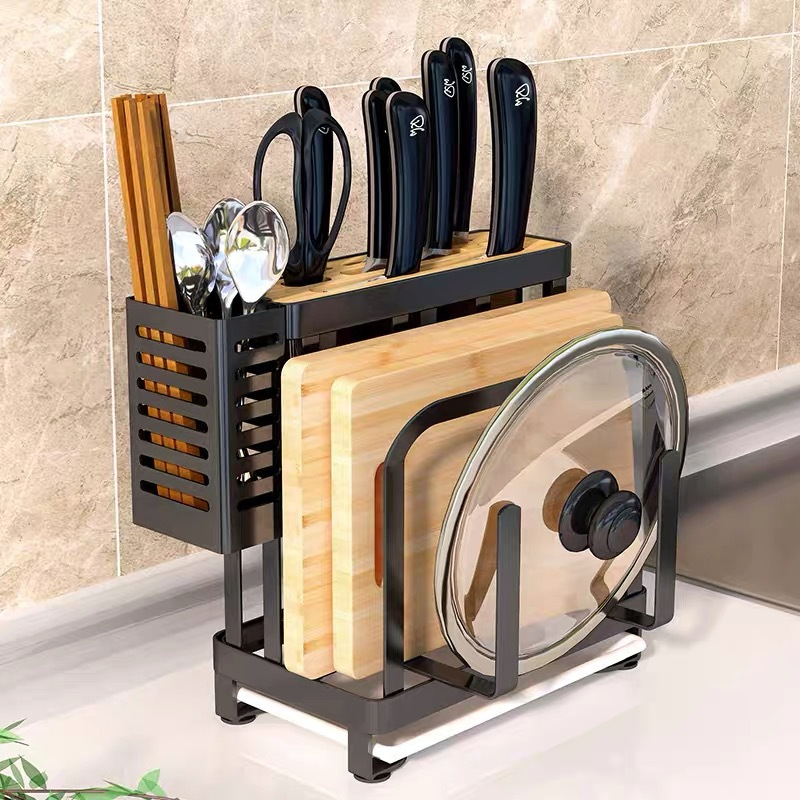 Stainless Steel Kitchen Knife Stand with Cutting Board and Pot Lid Storage