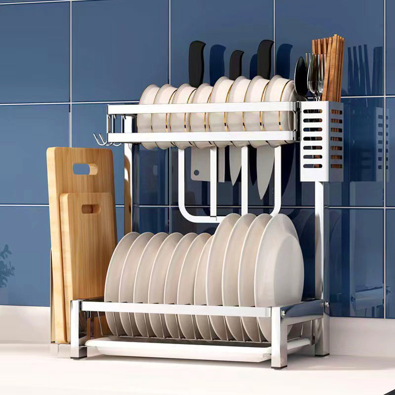 2-Tier Kitchen Dish Drying Rack, 304 Stainless Steel Counter Storage with Drain Basket, Knife &amp; Board Holder