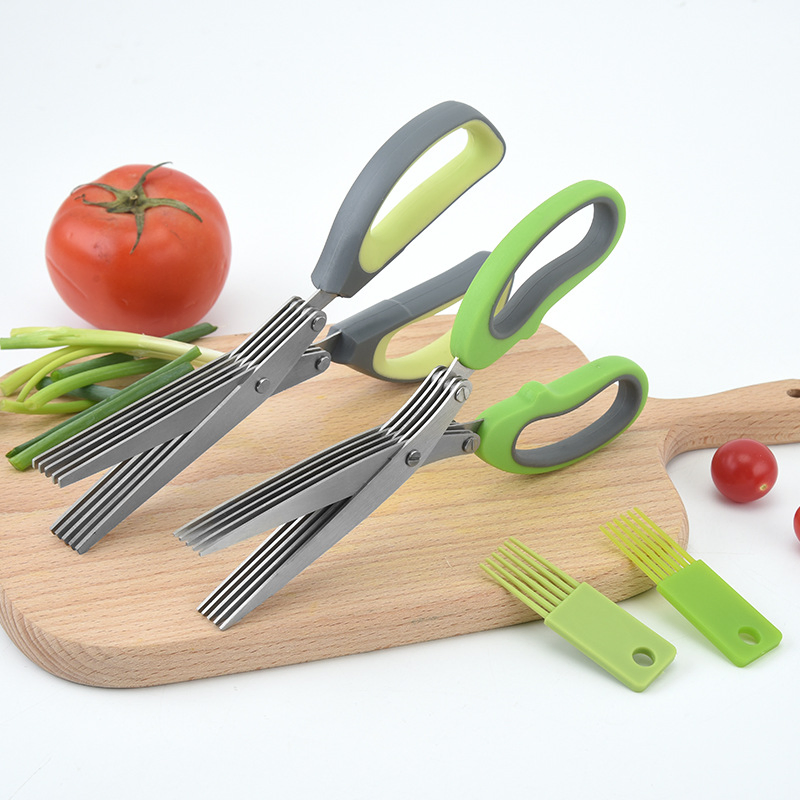 Herb Scissors, X-Chef Multipurpose 5 Blade Kitchen Herb Shears Herb Cutter with Safety Cover and Cleaning Comb for Chopping Basil Chive Parsley (Green)