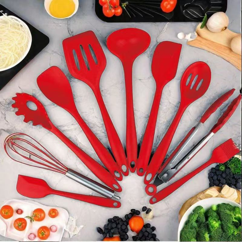 in Stock 14PCS Kitchen Utensil Set Silicone Utensil Cuttings Board Storage Set with Wooden Handle Bucket Knife Kitchen Tool