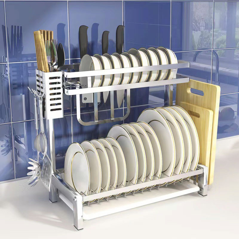 2-Tier Kitchen Dish Drying Rack, 304 Stainless Steel Counter Storage with Drain Basket, Knife &amp; Board Holder