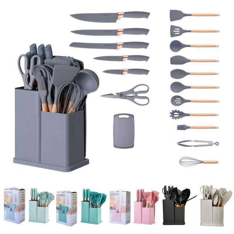 19-Piece Silicone Kitchen Utensil Set with Wooden Handle and Knife