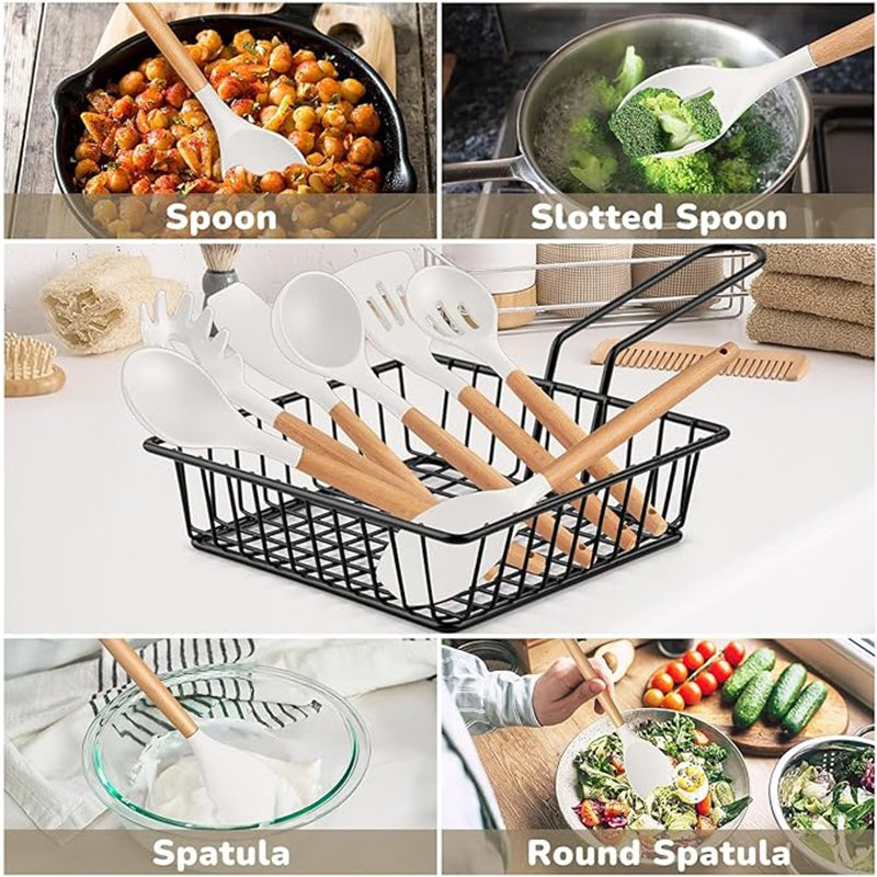 Premium Silicone Kitchen Utensils Set with Wooden Handles