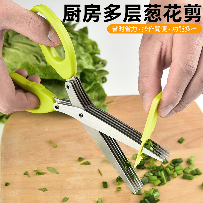 Herb Scissors, X-Chef Multipurpose 5 Blade Kitchen Herb Shears Herb Cutter with Safety Cover and Cleaning Comb for Chopping Basil Chive Parsley (Green)