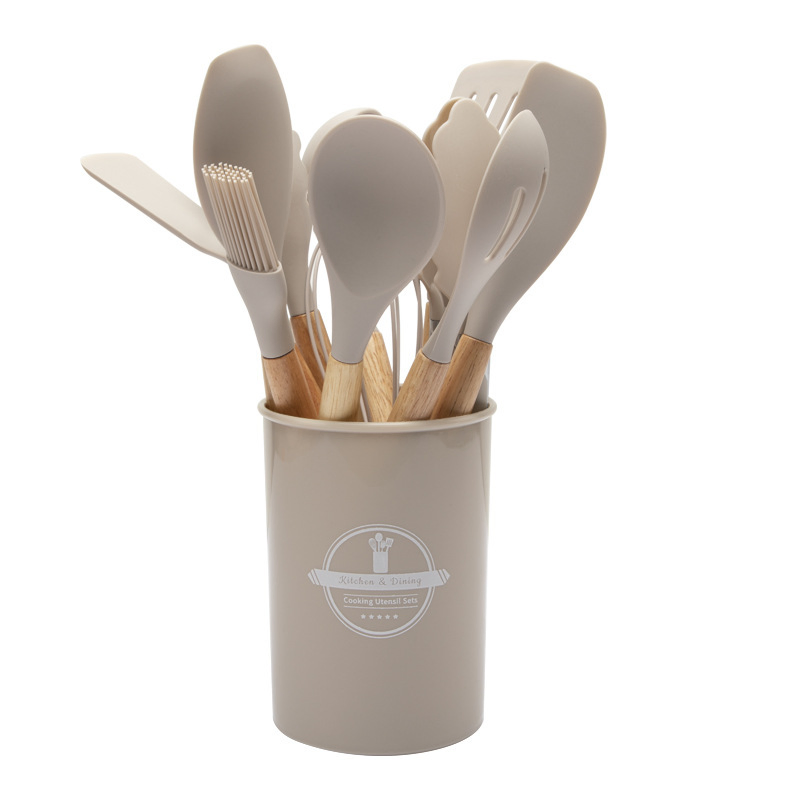 12 PCS Silicone Cooking Utensils Kitchen Utensil Set Heat Resistant, Spatula, Spoon, Brush, Wooden Handle Gadgets for Nonstick Cookware