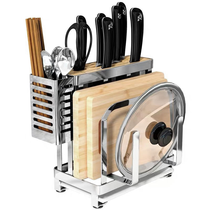 All-in-One Stainless Steel Countertop Storage Rack for Pot Lids, Knives, Cutting Boards and Chopsticks