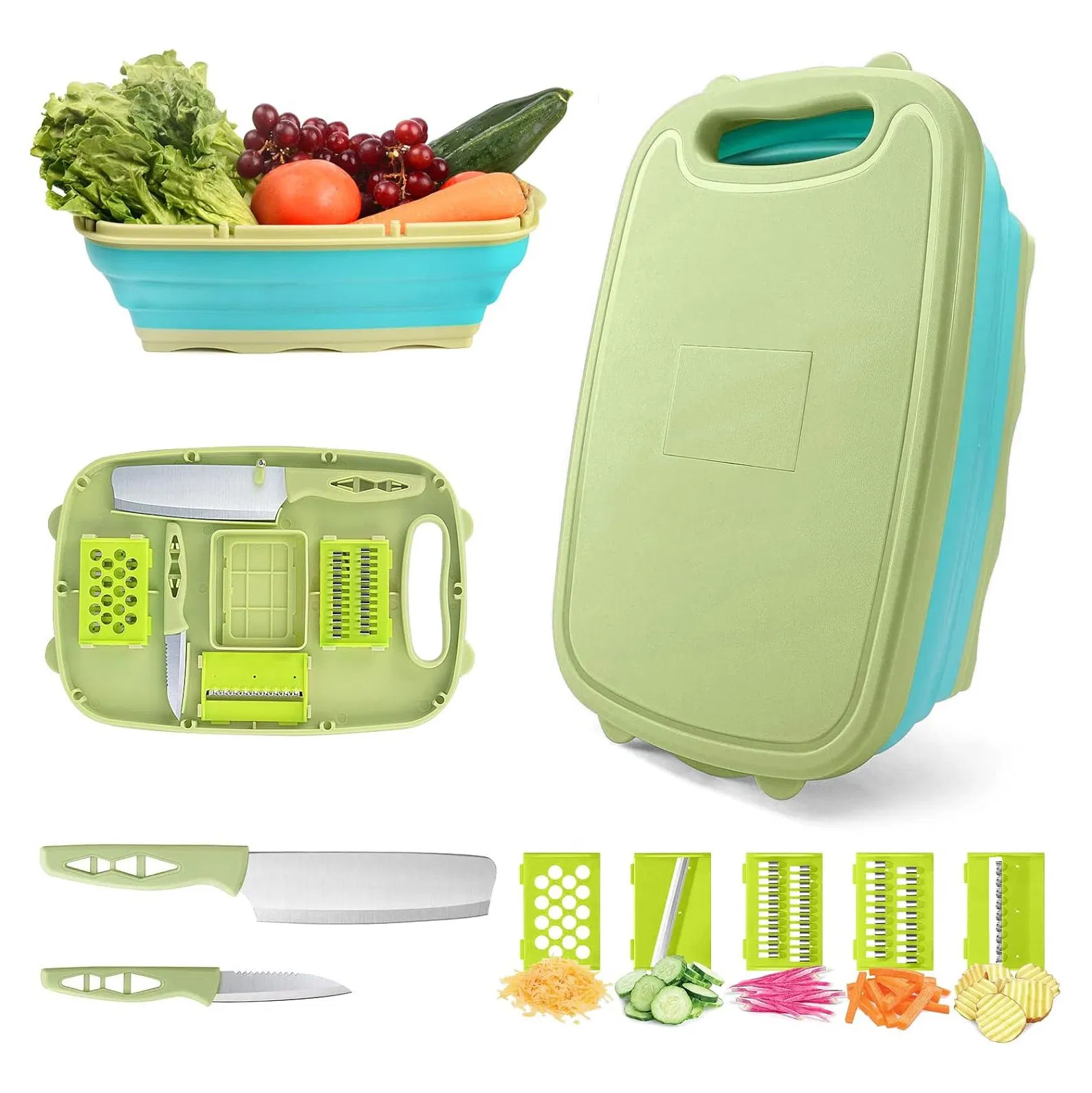 Camping Cutting Board Chopping Board with Colander, 9-in-1 Multi Chopping Board Kitchen Vegetable Washing Basket for Camping, Camping Tools Kitchen Accessory
