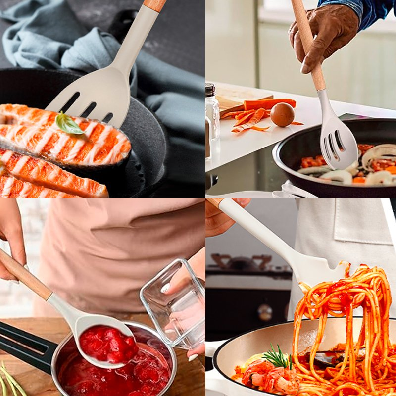 Premium Silicone Kitchen Utensils Set with Wooden Handles