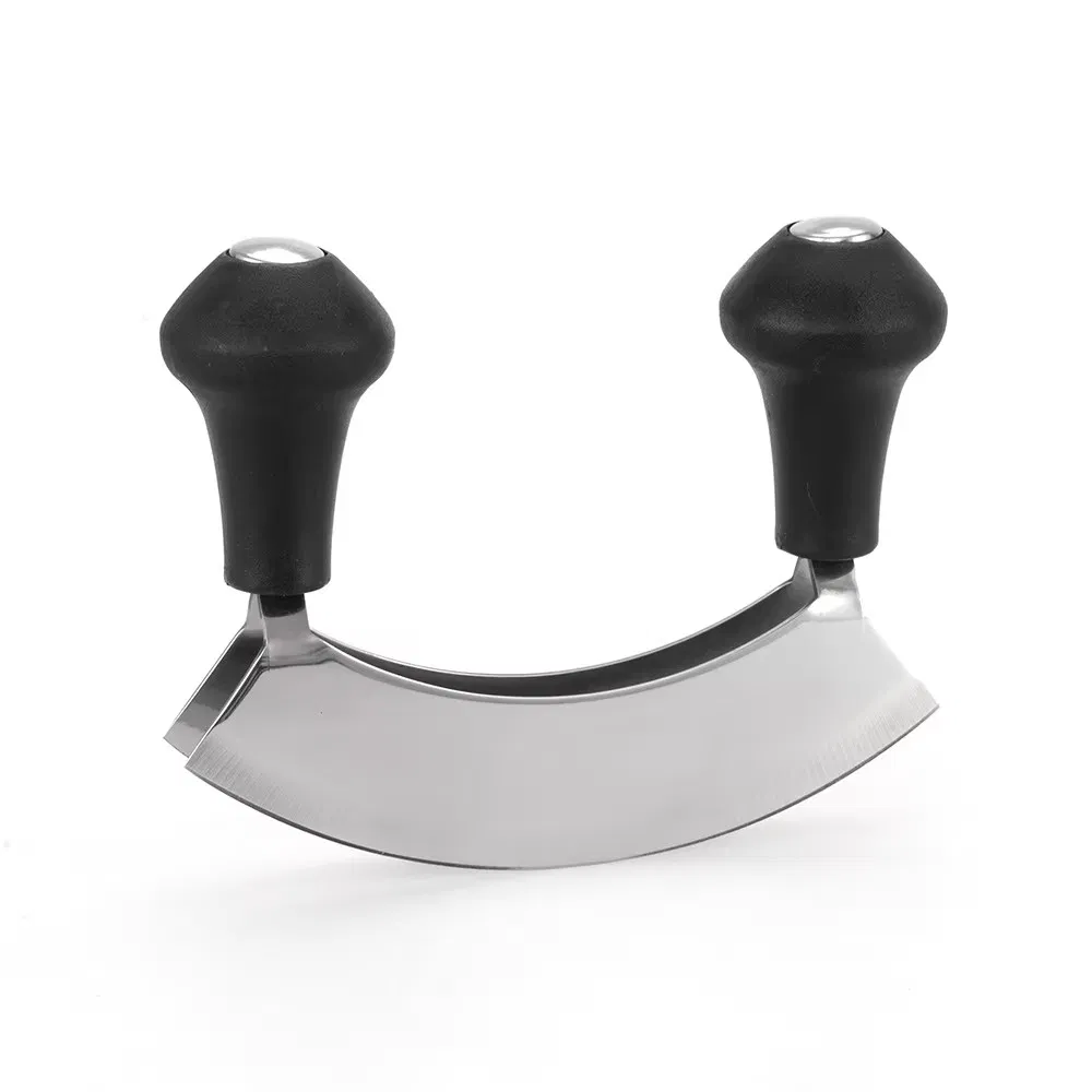 Double Blade Mezzaluna Knife Set Stainless Steel Manual Vegetable Chopper for Slicing Mincing in Kitchen for Commercial Food Use