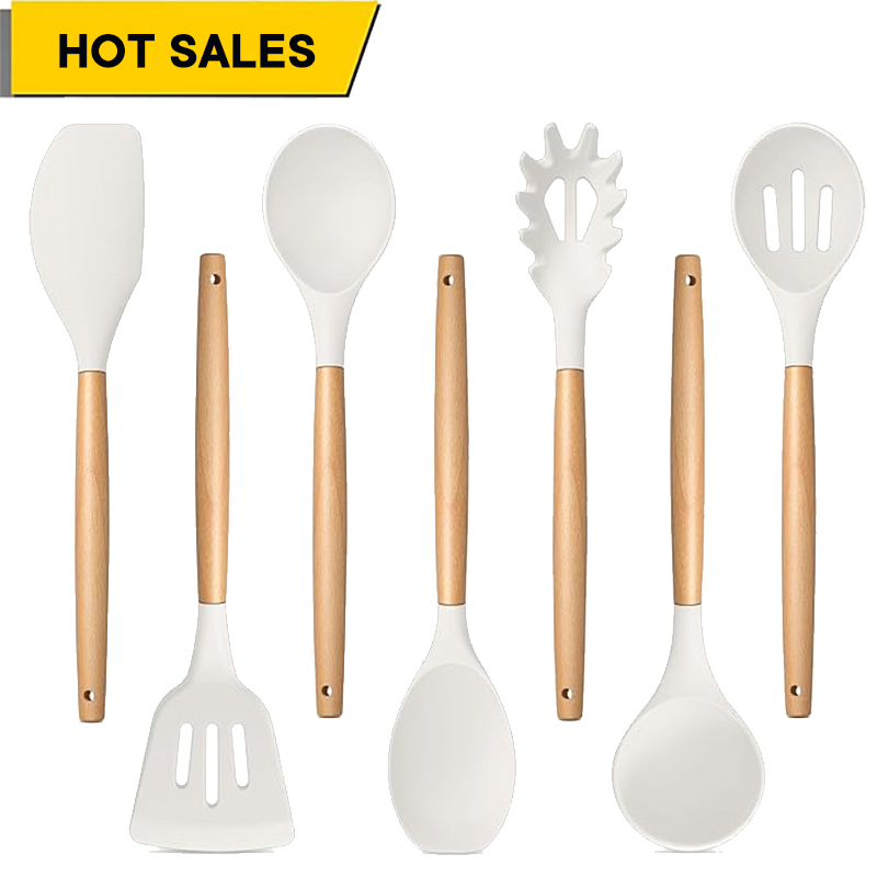 Premium Silicone Kitchen Utensils Set with Wooden Handles