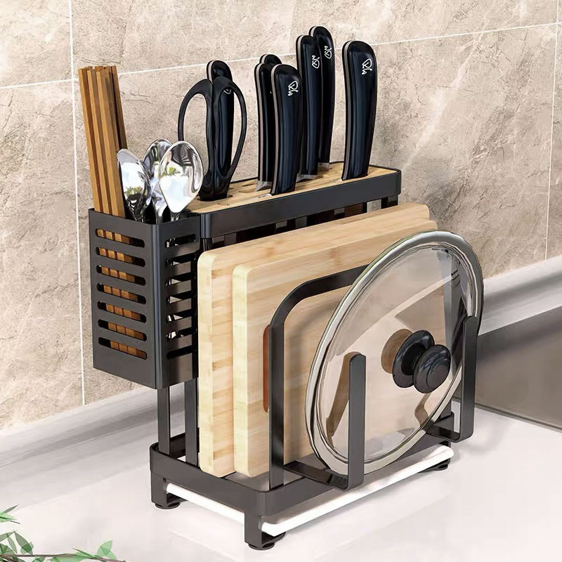 All-in-One Stainless Steel Countertop Storage Rack for Pot Lids, Knives, Cutting Boards and Chopsticks