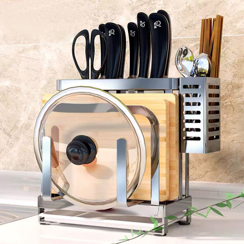 Countertop Kitchen Knife and Cutting Board Holder with Pot Lid Storage