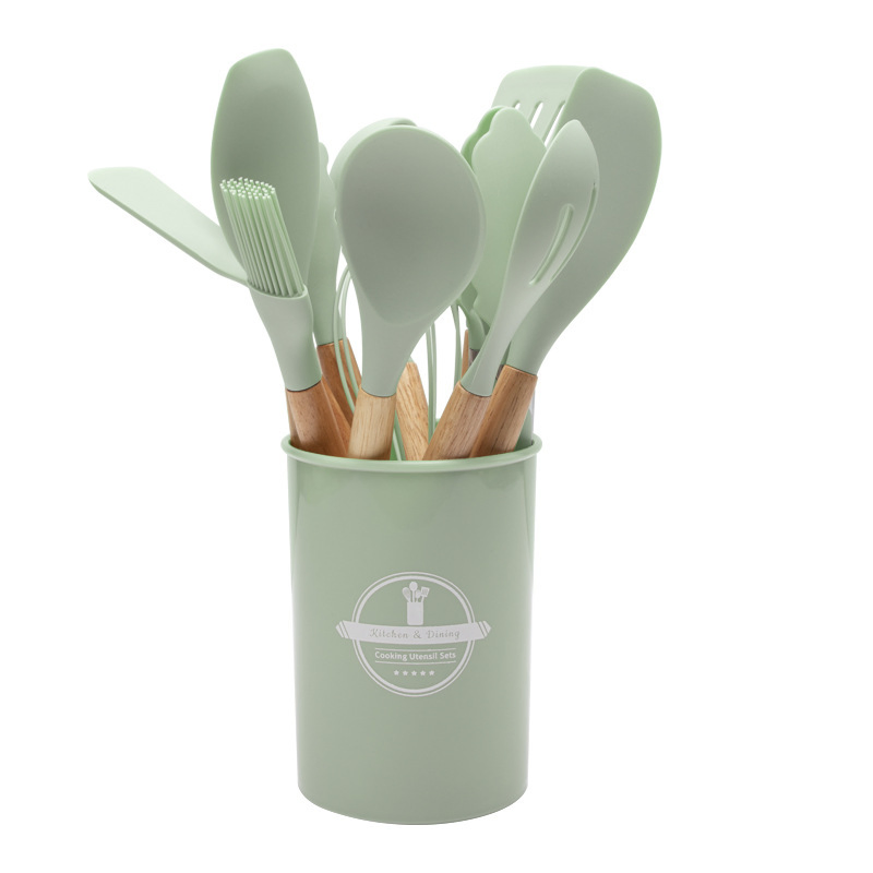 12 PCS Silicone Cooking Utensils Kitchen Utensil Set Heat Resistant, Spatula, Spoon, Brush, Wooden Handle Gadgets for Nonstick Cookware