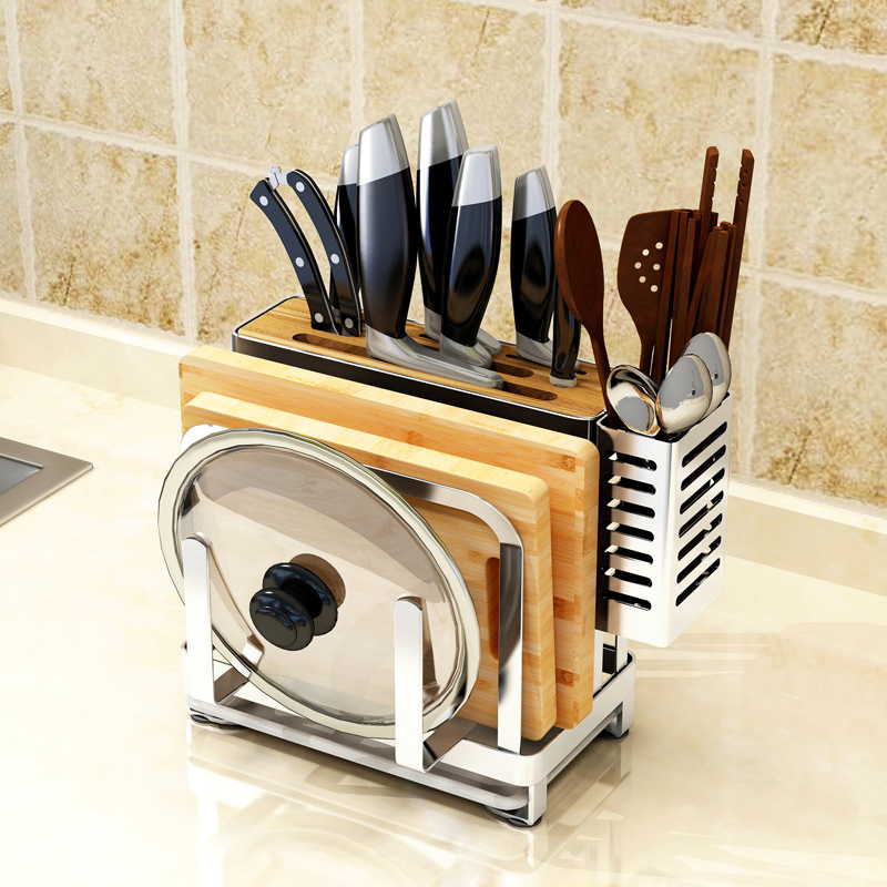 Stainless Steel Kitchen Knife Stand with Cutting Board and Pot Lid Storage