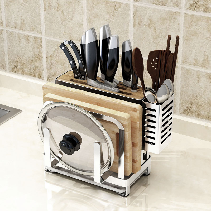 All-in-One Stainless Steel Countertop Storage Rack for Pot Lids, Knives, Cutting Boards and Chopsticks