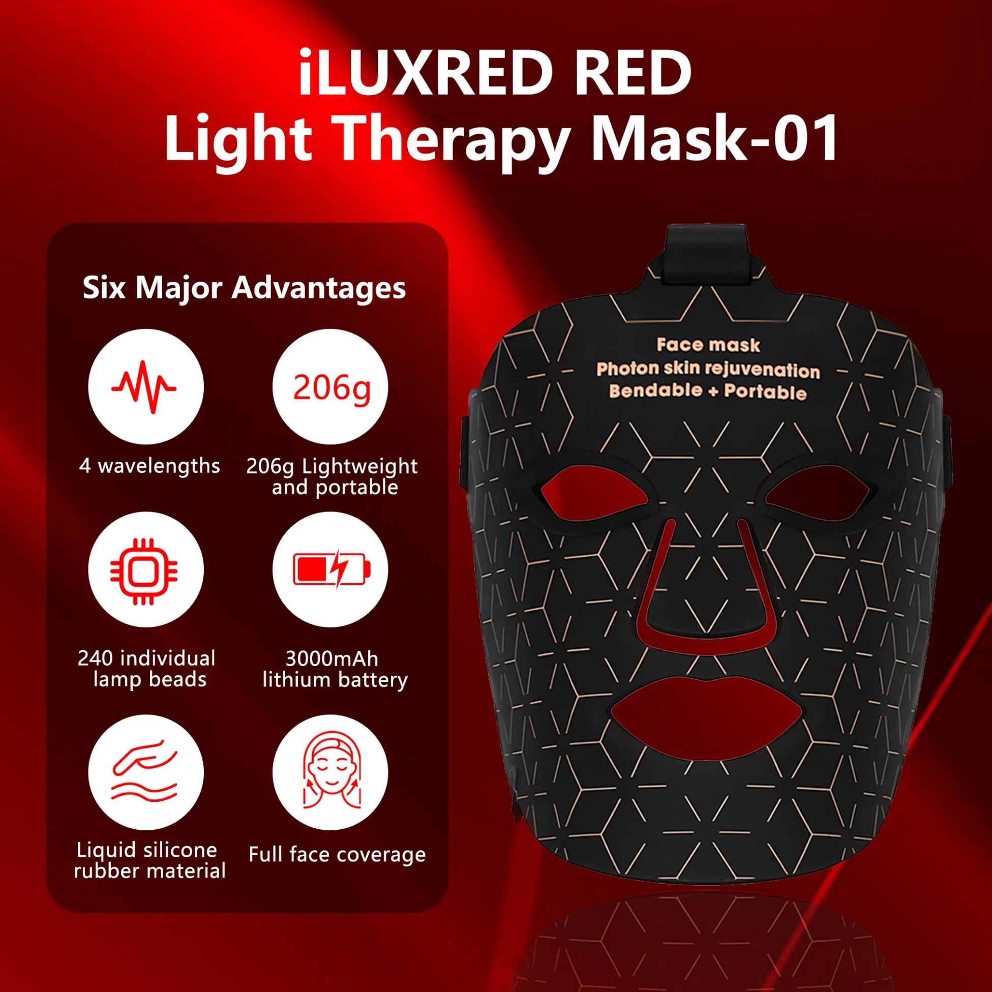 High Quality Portable Infrared Sauna LED Red Light Therapy Medical Silicone LED Mask Facial Skin Care Infrared Red Light Therapy Machine LED Face Mask
