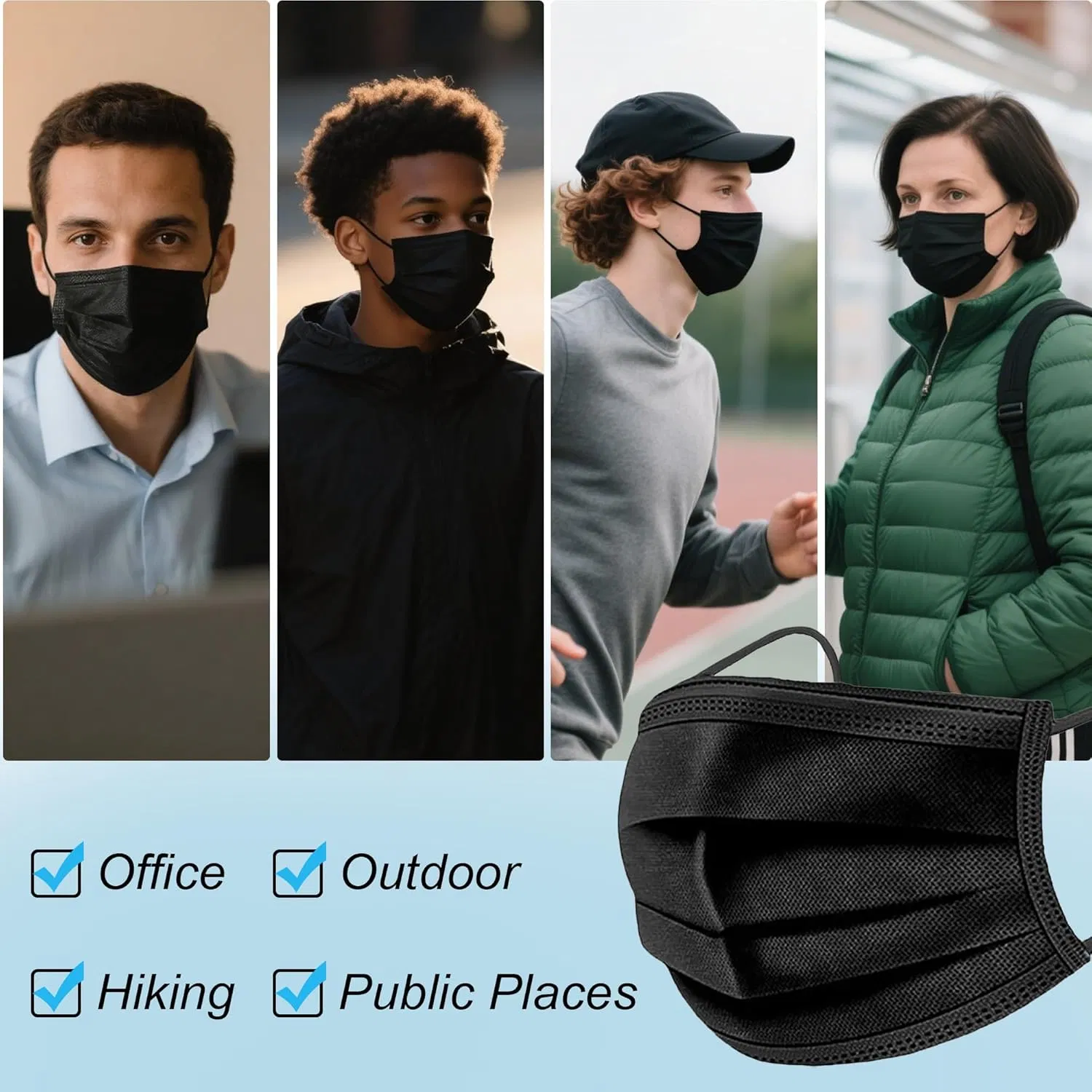50-Pack Black Disposable 3-Ply Face Masks, Adult Protective Masks with Filter Layer, Breathable Non-Woven Masks for Daily Use