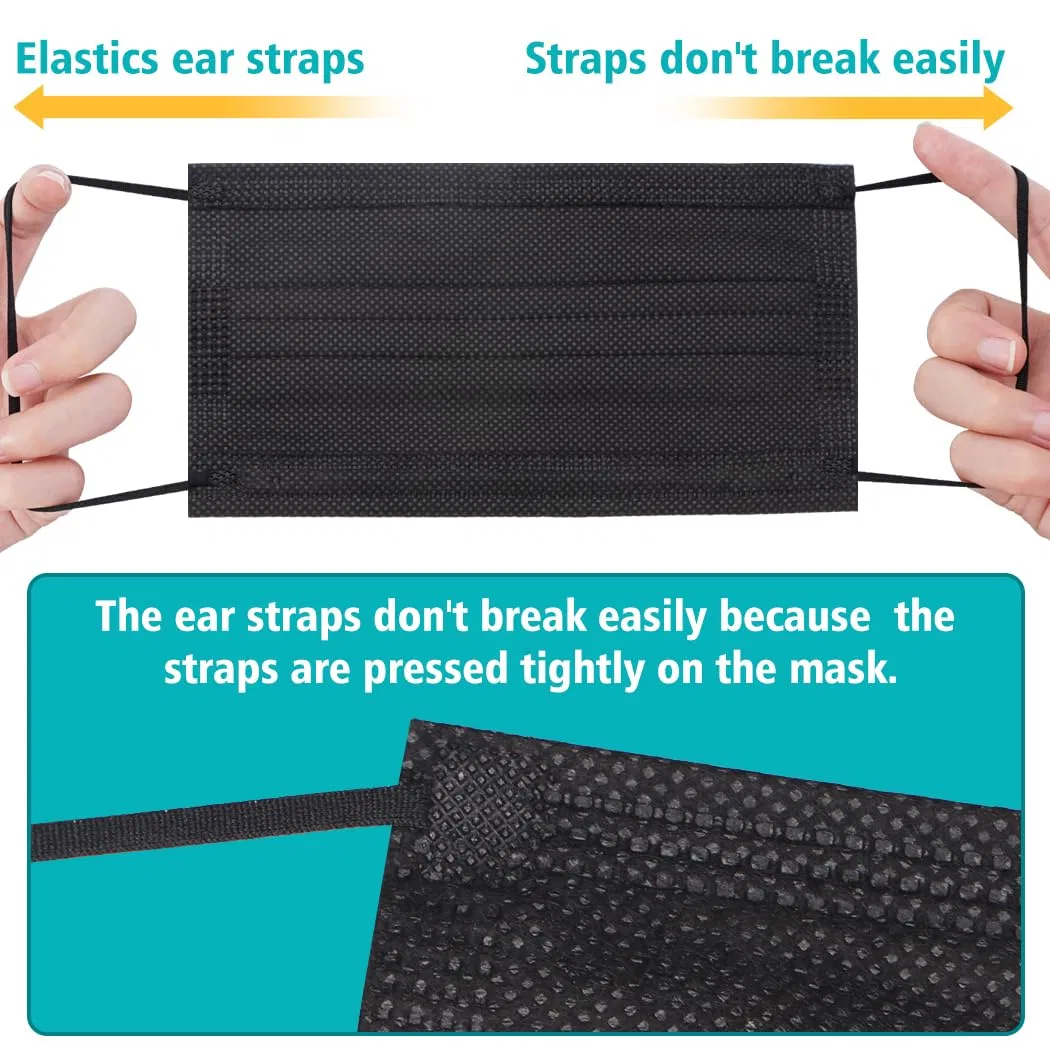 50-Pack Black Disposable 3-Ply Face Masks, Adult Protective Masks with Filter Layer, Breathable Non-Woven Masks for Daily Use