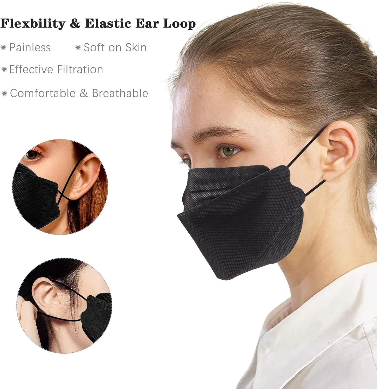 Disposable Kf94 Face Masks, Adult Black &amp; White 3D Face Masks with Head-Loops, High-Quality Korean-Style Protective Facemasks for Daily Wear
