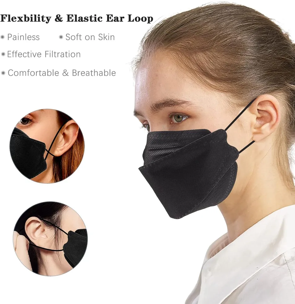 Disposable Kf94 Face Masks, Adult Black & White 3D Face Masks with Head-Loops